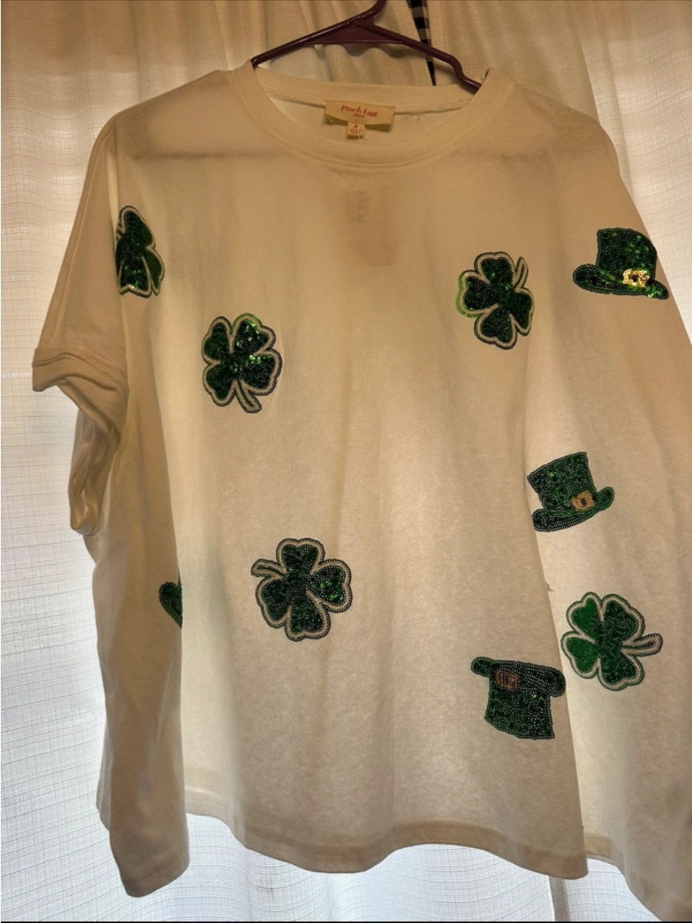 White Short-Sleeve Tee with Green Shamrock & Leprechaun Hat Appliqués oversized